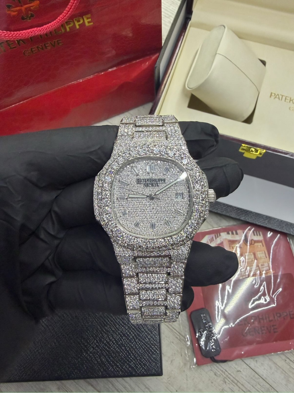 Patek Philippe Mens Fully Pav Diamond Silver Watch
